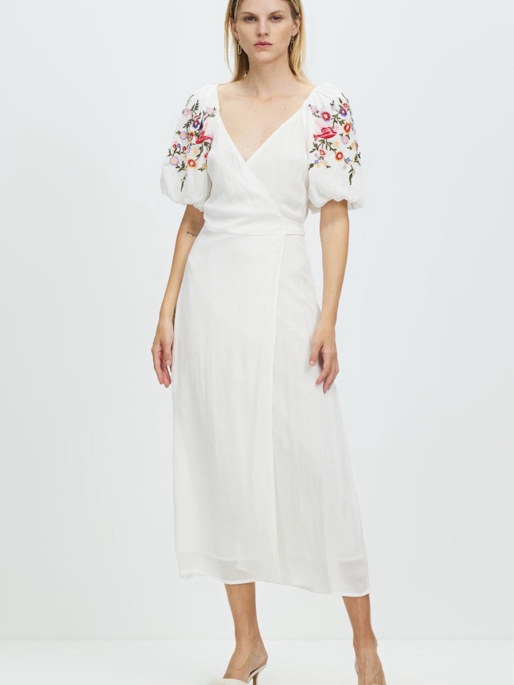 NFD White Wrap Dress with Floral Embroidered Puff Sleeves